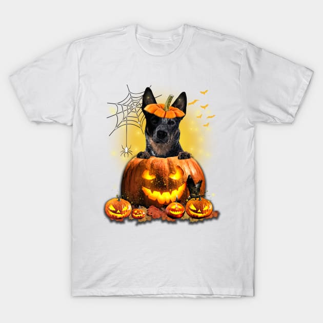 Blue Heeler Spooky Halloween Pumpkin Dog Head Gift T-Shirt by Los Draws